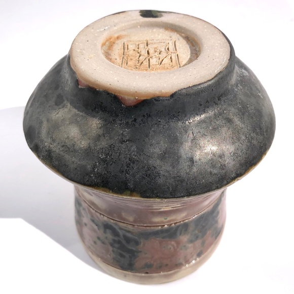 handmade pottery vase raku vessel leaves brown black blue drip 4 inches tall - Picture 14 of 16